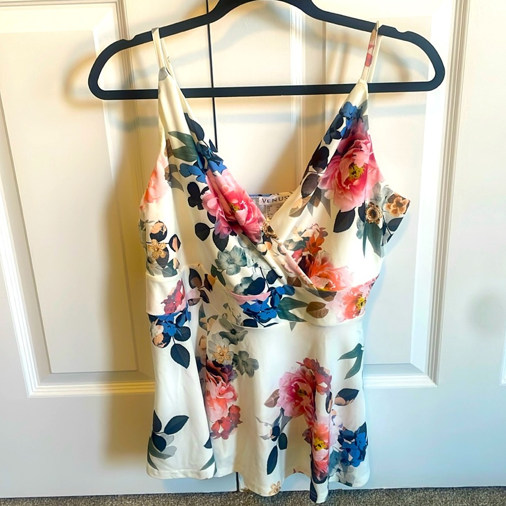 VENUS Cream Floral Spaghetti Strap Surplice Top